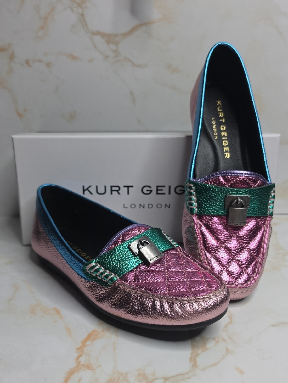 Kurt Geiger Metallic Pink Multicolor Quilted Loafers Size 6
